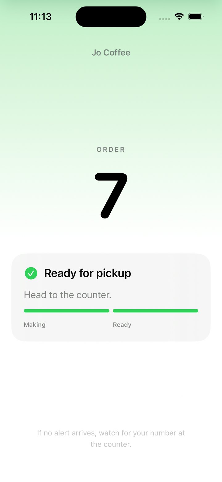 The pagersjo iPhone App Clip showing order 7 ready for pickup